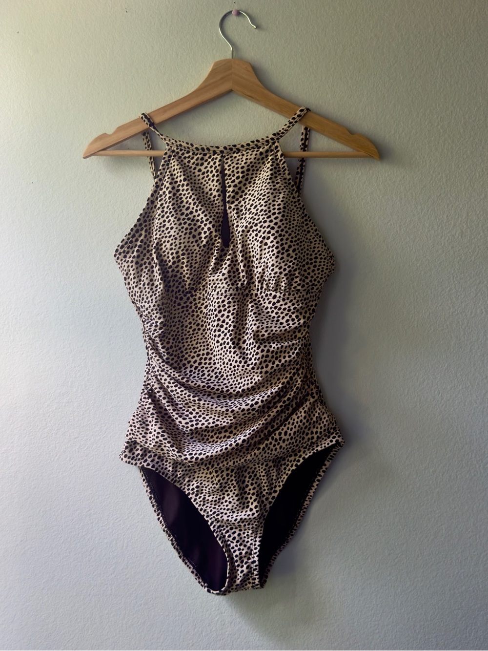 Ellen Tracy Beige and Black Polka Dot One-Piece Swimsuit